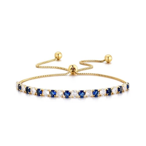 3/$35 Copper Chain Tennis Bracelet Blue and White Cubic Zirconia Gold Diamond - Picture 1 of 4